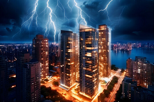 Amidst the city night view, modern buildings stand tall under the beautiful starry sky, illuminated dramatically by the striking display of super lightning. AI created.