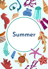Fototapeta na wymiar Vector postcard on the theme of Summer and vacation. The image of the inhabitants of the ocean, the animals of the underwater world and various summer items for swimming and relaxing on the beach.