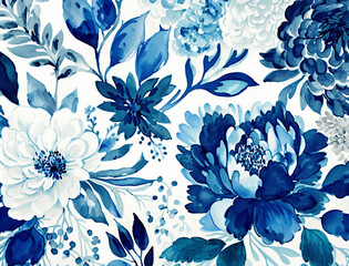 Blue navy bloom floral pattern background. Painting blossom garden flower and leaf. Generative AI
