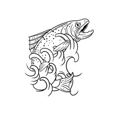 Hand drawn illustration of a trout jumping in from the water outline