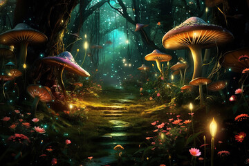 Magical glowing mushrooms in the forest, a fabulous forest thicket. Generative AI illustration.