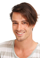 Obraz premium Happy, laugh and portrait of man in studio for casual, trendy and cool fashion. Happiness, edgy and confidant with face of male model isolated on white background for geek, youth and positive style