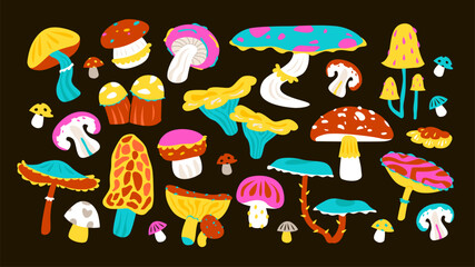 Psychedelic acid mushrooms set. Mushrooms in the groovy style. Flat vector illustration.
