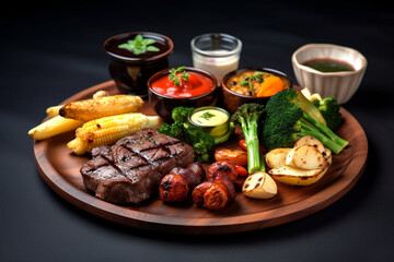 Fototapeta na wymiar Grilled set with meat and vegetables, sauce on dark background. Close-up. Generative Ai content