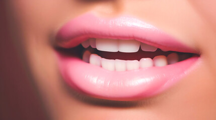 a close-up of a pregnant woman's mouth, with her lips slightly parted to reveal healthy, pink gums and teeth Generative AI Generative AI