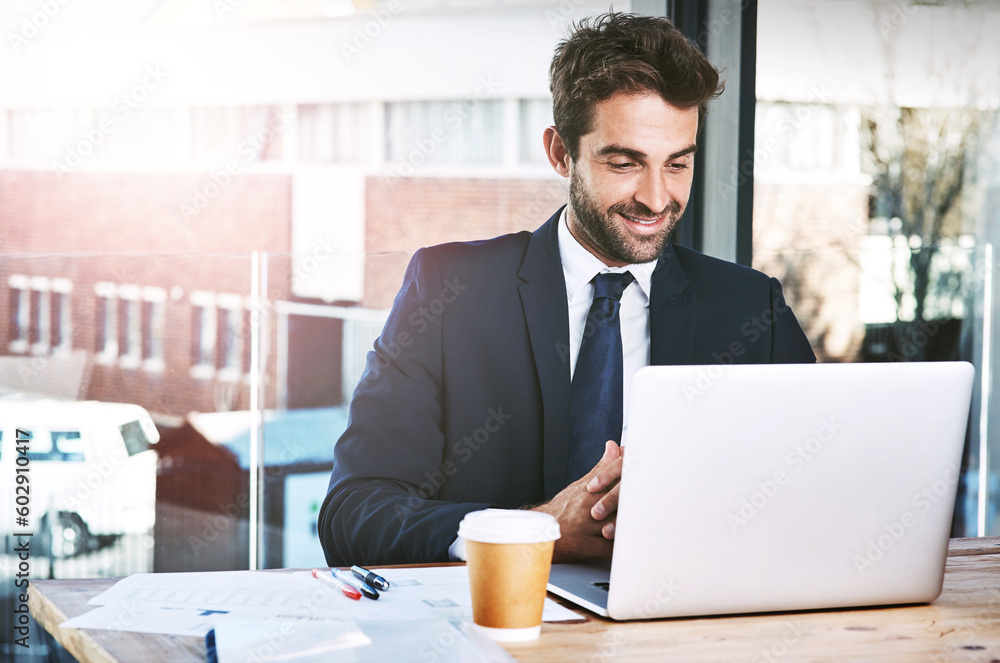 Poster laptop, planning and business man in office for online management, research and company software or 