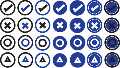 blue sign symbol checkmark wrongmark circle triangle botton icon set	