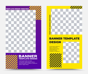 Design of vector banner templates in lilac yellow with stripes and square