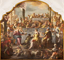 Fototapeta na wymiar NAPLES, ITALY - APRIL 21, 2023: The painting of Wedding at Cana in the church Certosa di San Martino by Nicola Malinconico raffigurante Le nozze di Cana (1724)