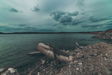 Fototapeta na wymiar wooden log on the lakeshore at cloudy day