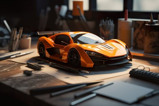 On a drafting table, a sporty conceptual model of a car takes shape as skilled hands bring it to life - created with generative AI technology