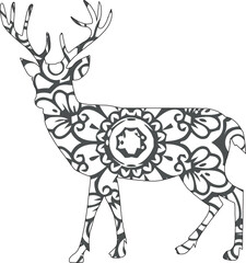 Deer mandala coloring page for children and adults. Hand drawing vector illustration in black outline on a white background.