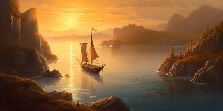 fabulous illustration: a ship in a sea bay at sunset. AI Generated.