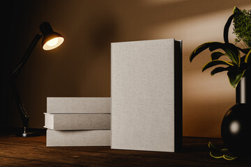 Hard cover book mock up on wooden table with three books lying behind. Night interior with lamp and plant. 3D rendering