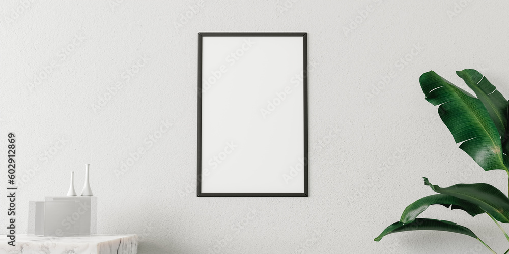 Poster 3d rendering of empty photo frame placed hung on a wall