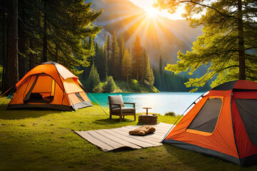 summer-themed background with outdoor products like camping gear, kayaks, or hiking boots