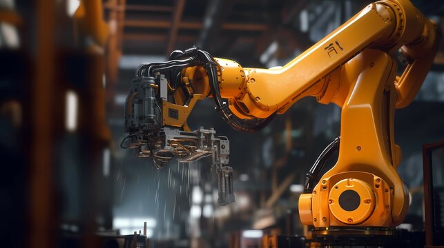 Robotic arm doing welding in industry. Generative AI