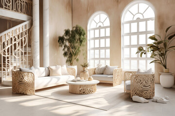 Luxury eastern interior design of modern living room with carved furniture and arched windows. Created with generative AI
