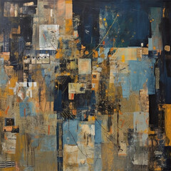 Urban Patchwork Symphony A Fusion of Grunge, Chicago Imagists, Eclectic Collage, and Blue-Sepia Masterpiece on a Grand Canvas AI generated