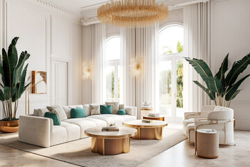Cozy white sofa and golden coffee table. Interior design of modern luxury living room. Created with generative AI