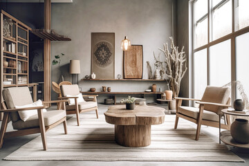 Fototapeta na wymiar Boho interior design of modern living room with rustic furniture. Created with generative AI