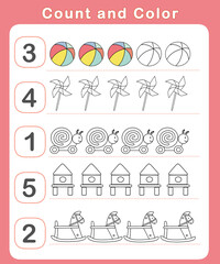 Count and color educational children activity with cute toys. Mathematics worksheet for kids. Math activities for toddlers to practice early math concepts.