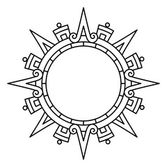 Aztec solar disk, sun symbol and diadem, representing the Aztec sun deity Tonatiuh. 4 large arrows or rays pointing in the cardinal directions, with further subdivisions for inter-cardinal directions.