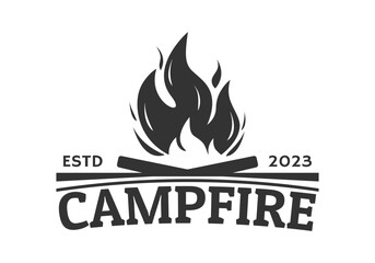 Campfire logo or icon. Camping design. Bonfire, camp fire badge or label. Vector illustration. Flame with firewood. Vector illustration.
