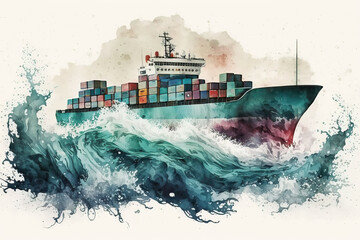 container ship in ocean, aquarelle style, ai generated - obrazy, fototapety, plakaty