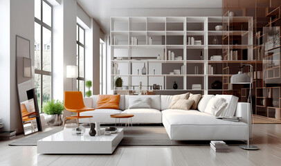Fototapeta na wymiar Minimalist interior design of modern living room with shelving unit. Created with generative AI