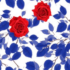 A pattern of red roses and blue leaves created with generative ai