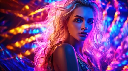 Obraz na płótnie Canvas Model woman face illuminated by neon lights. Generative AI