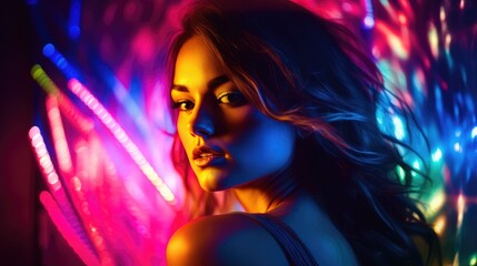 Model woman face illuminated by neon lights. Generative AI