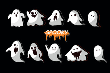 A large collection of simple flat ghosts. Halloween scary ghost monsters. Cute cartoon creepy character.