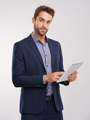 Business man with tablet in portrait, technology and communication for company isolated on studio...