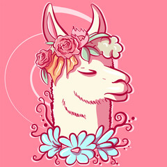 Pastel illustration of a pink llama with flower decorations around her head. Vector art and digital drawing of an alpaca with a rose bouquet.