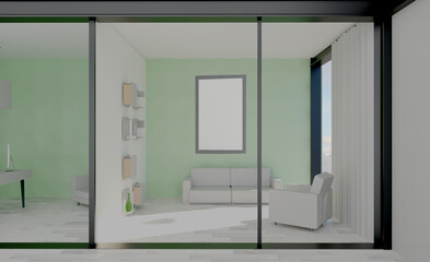 Modern office building interior. 3D rendering.. Mockup.   Empty paintings