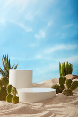 Front view of empty white round and cylinder podiums on the sand. Modern minimal showcase scene for...