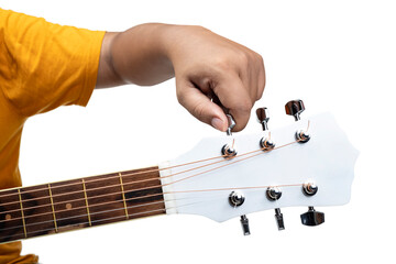 Man tuning guitar string