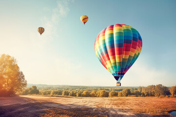 Colorful hot air balloons fly over green hills and tree-covered fields. Colorful hot air balloons on the blue sky with clouds are flying over the forest. Generative AI