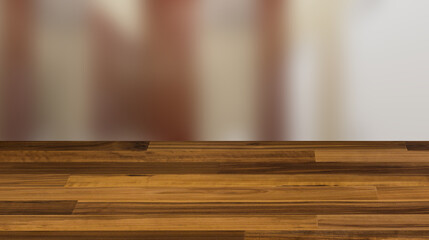 Clean public toilet room empty with wooden partition. 3D rendering., Background with empty wooden table. Flooring.