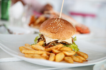 Big tasty burger with french fry