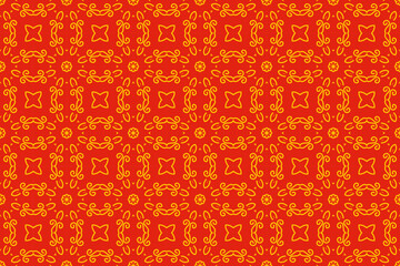 Beautiful pattern in circle and swirl. Traditional batik motif in red and gold color.