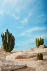 Beautiful natural scenery of blue sky background with Cacti displayed on the beach sand. Blank space in the middle for cosmetic product presentation © Tuan  Nguyen 