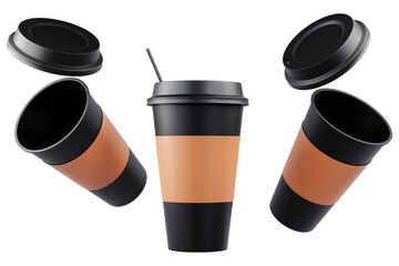 Black paper coffee cups and black lid in the air and front view