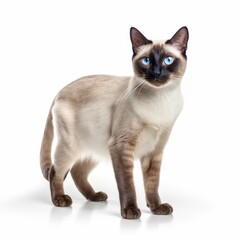 Siamese cat with blue eyes standing standing isolated on white background. generative AI
