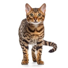 Fototapeta premium Bengal cat standing on hind legs. staring at the camera. isolated on white background. generative AI