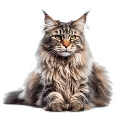 Portrait of a fierce long-haired Maine Coon cat, isolated on white, like a sphynx. generative AI