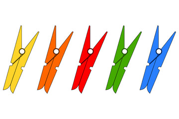 Five clothespins in the colors - yellow, orange, red, green and blue - obrazy, fototapety, plakaty