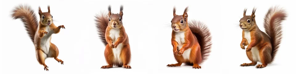 Fotobehang Wildlife forest woods animals banner panorama long - Collection of standing, sitting, jumping, running cute red squirrel animal (sciurus vulgaris), isolated on white background, Generative Ai © Corri Seizinger